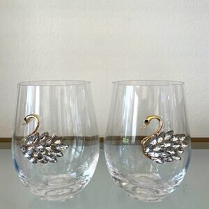 Fig & Fern Jeweled SWAN Stemless Wine Glass Set of 2 New